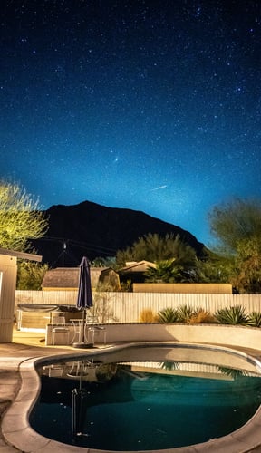 Pool glowing under a starry night sky with mountain backdrop