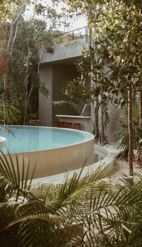 Curved pool nestled among lush jungle trees
