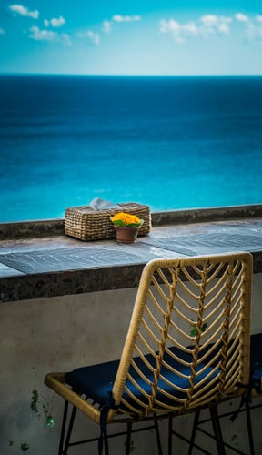 Rattan chair at stone counter overlooking vivid blue ocean